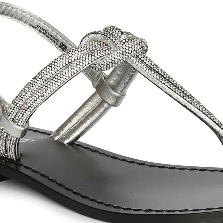 Saint Elsie Crystal Cord Metallic Silver Leather Flat Sandals