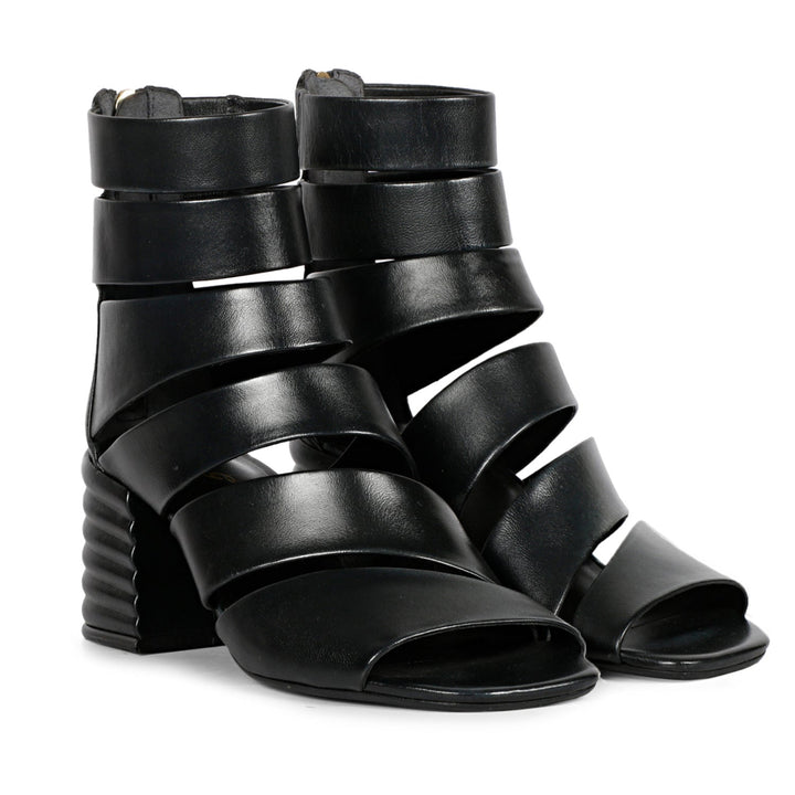 Saint Elena Black Leather Handcrafted Strappy Block Heels