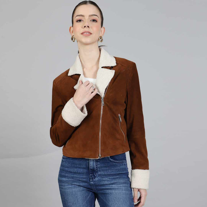 Saint Arlene Women Tan/Beige Leather Cafe Racer Jacket