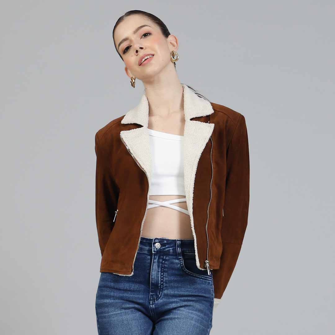 Saint Arlene Women Tan/Beige Leather Cafe Racer Jacket