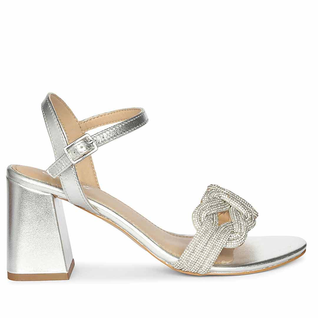 Saint Celeste Knot Embellished Silver Metallic Leather Heels