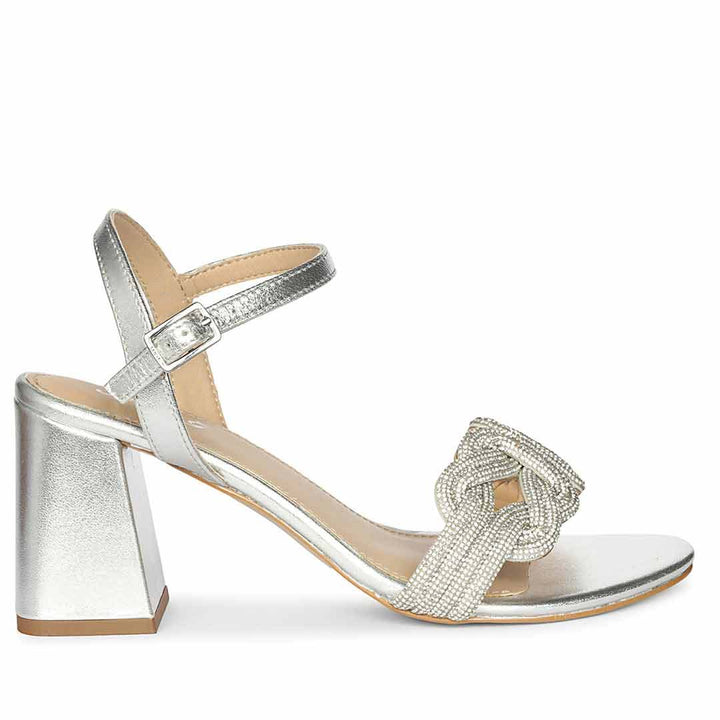 Saint Celeste Knot Embellished Silver Metallic Leather Heels