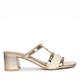 Saint Zafira Pyramid Stud Raffia Gold Leather Block Heels