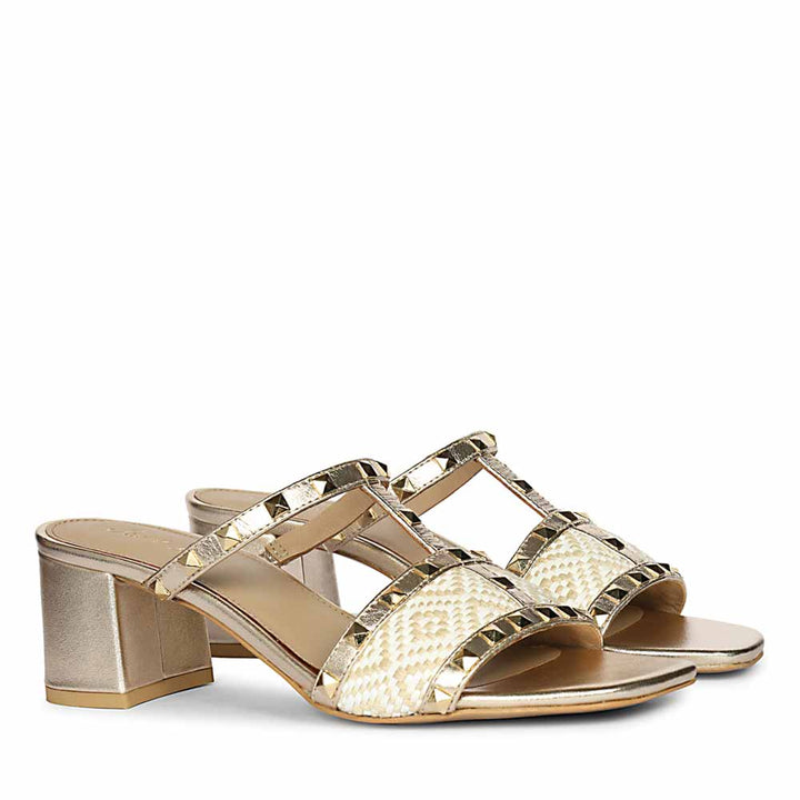Saint Zafira Pyramid Stud Raffia Gold Leather Block Heels