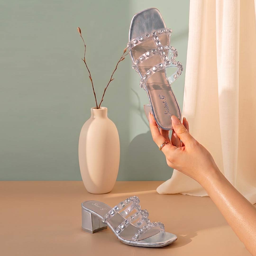 Saint Norma Stone Embellished Silver Block Heels