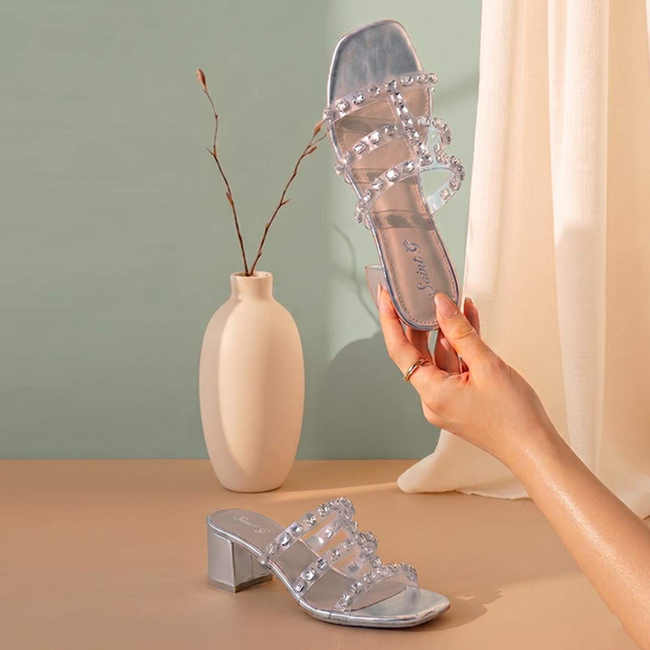 Saint Norma Stone Embellished Silver Block Heels