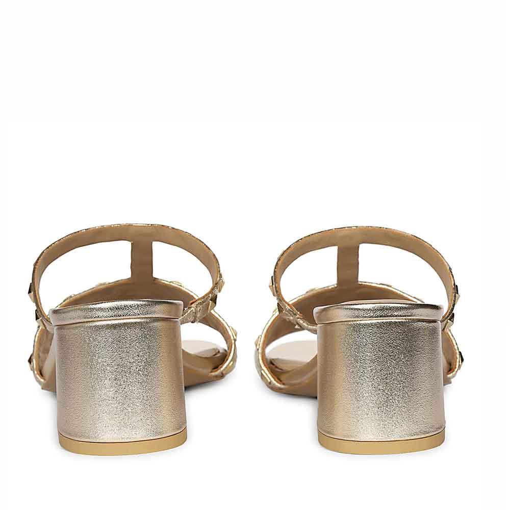 Saint Zafira Pyramid Stud Raffia Gold Leather Block Heels