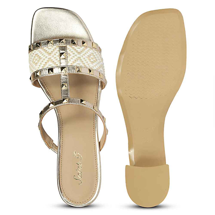 Saint Zafira Pyramid Stud Raffia Gold Leather Block Heels