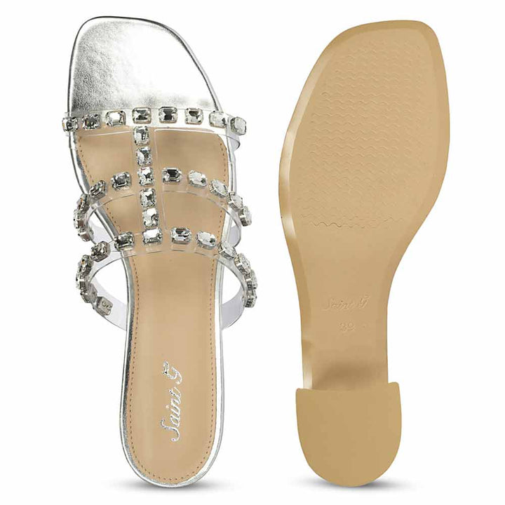 Saint Norma Stone Embellished Silver Block Heels