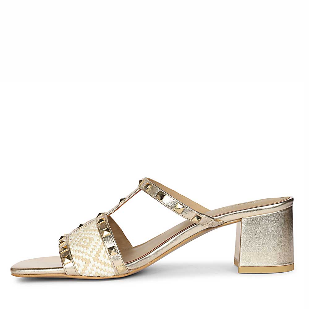 Saint Zafira Pyramid Stud Raffia Gold Leather Block Heels