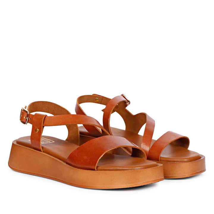 ViviBlu Nasrin Cognac Leather Platform Sandals