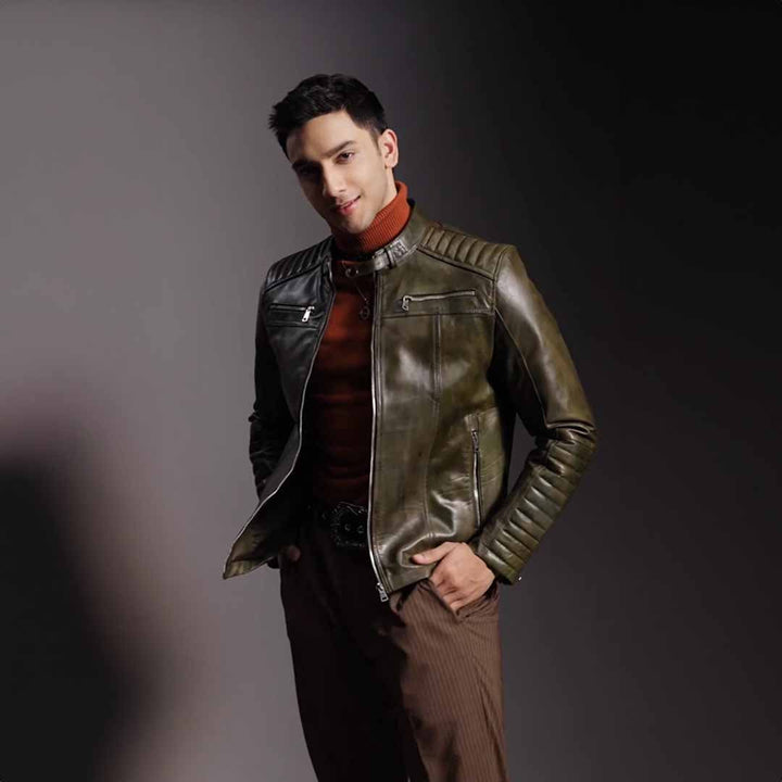 Saint Agostino Olive Leather Men's Cafe Racer Jackets