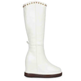 Saint Adelmo Metal Studs White Leather Wedge Heel Long Boots