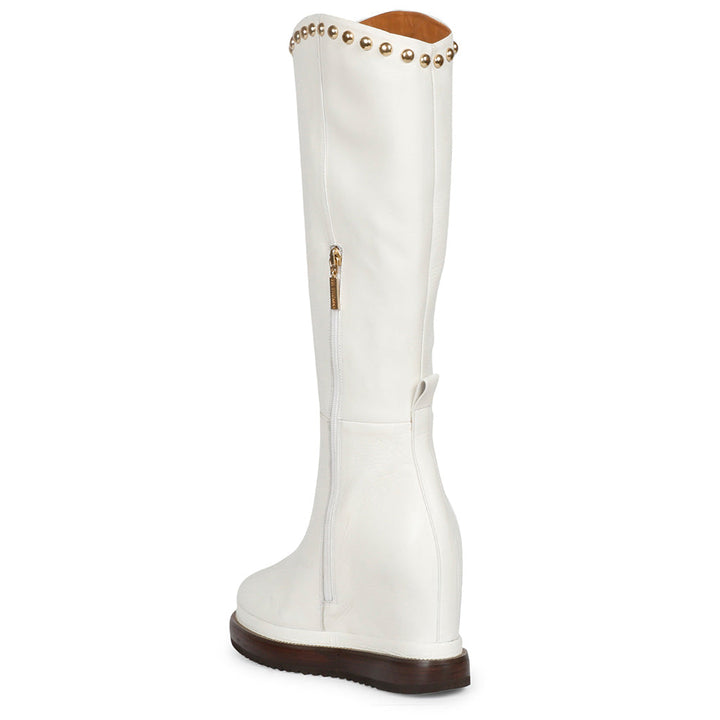 Saint Adelmo Metal Studs White Leather Wedge Heel Long Boots