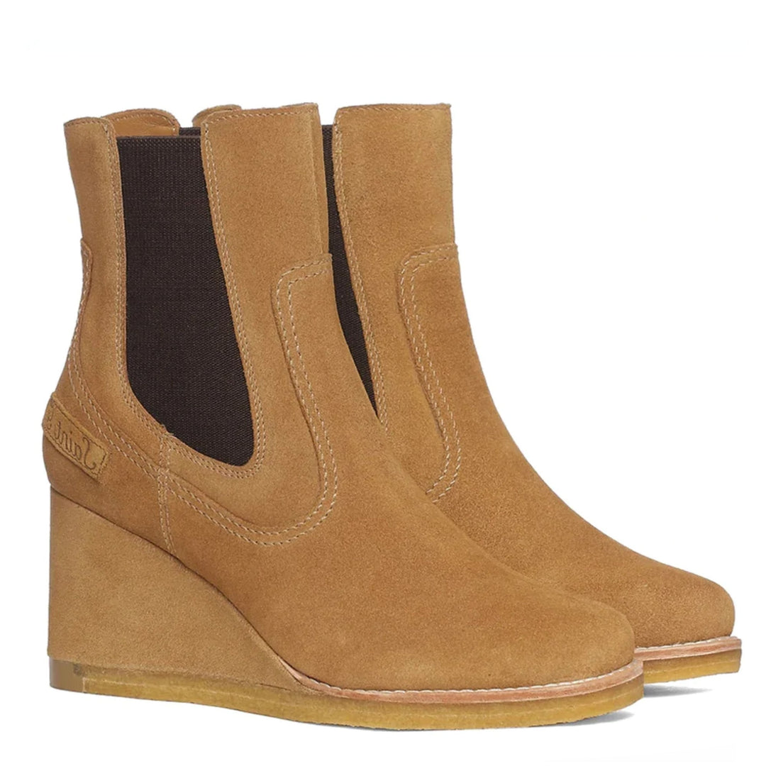 Tesora Tan Suede Leather Mid Heel Wedge Boots.