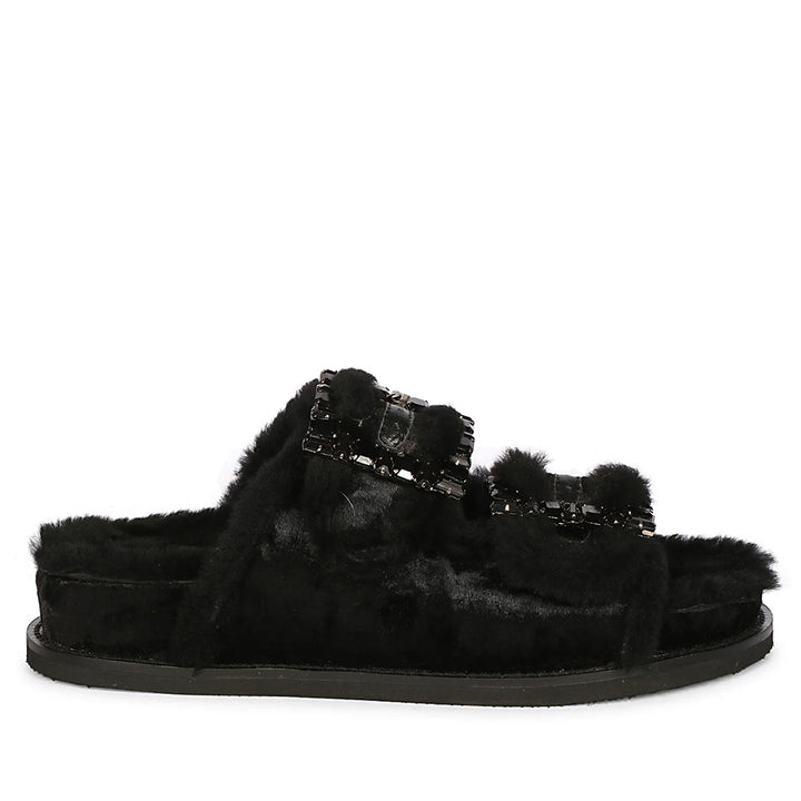 Saint Gemma Crystal Buckle Black Fur Snug Sandals