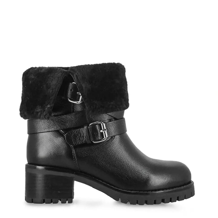 Saint Theresa High Ankle Black Leather Boots with Decorative Buckle – Stylish and chic footwear for a bold and confident look