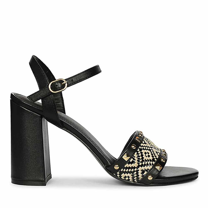 Saint Auric Black Leather Rafia Stud Block Heels