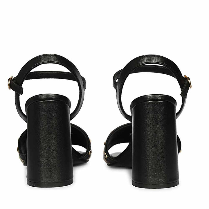 Saint Auric Black Leather Rafia Stud Block Heels