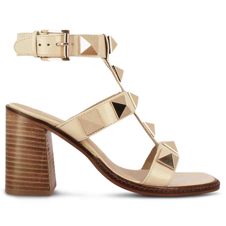 Saint Agnes Off White Leather Metal Studded Block Heels