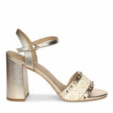 Saint Auric Gold Leather Rafia Stud Block Heels