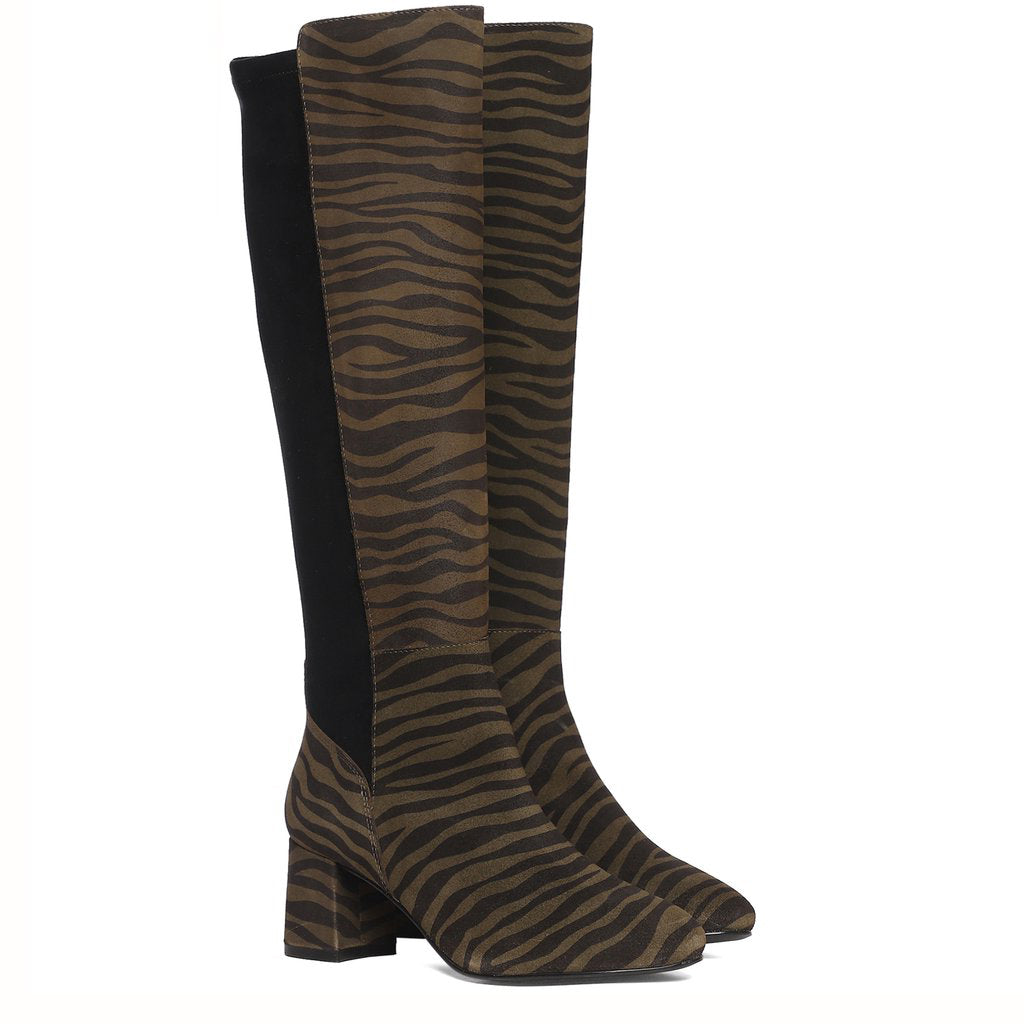 Saint Elexis Olive Leo Print Leather Knee High Boots