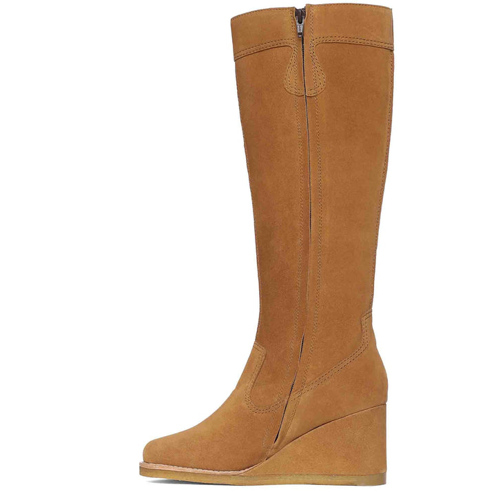 Chic Saint Carina Camel Suede Leather Knee High Wedge Heel Boots – Elevate your style with these fashionable knee-high boots in luxe camel suede