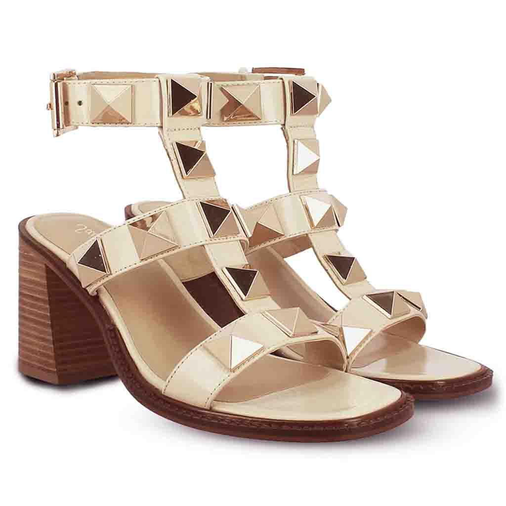 Saint Agnes Off White Leather Metal Studded Block Heels