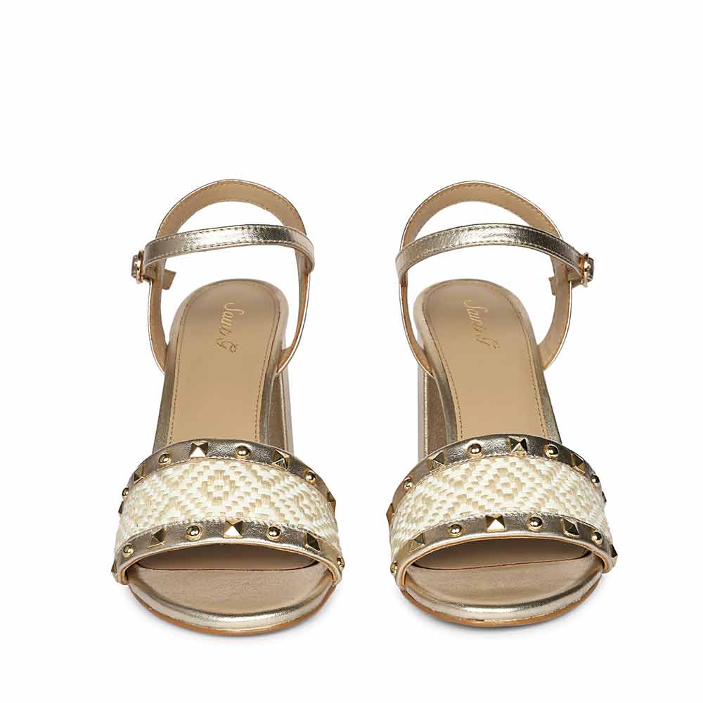 Saint Auric Gold Leather Rafia Stud Block Heels