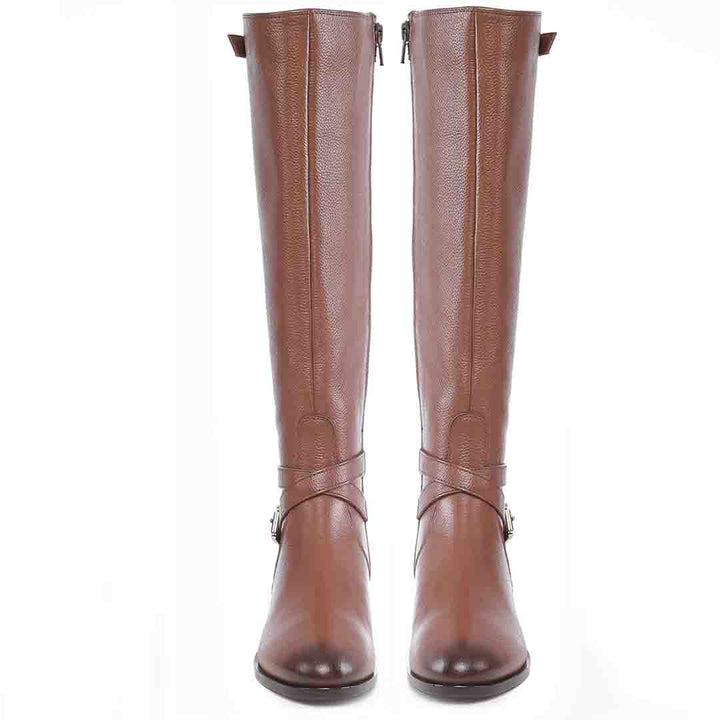 Saint Cara Tan Leather Buckle Detail Long Boots - SaintG