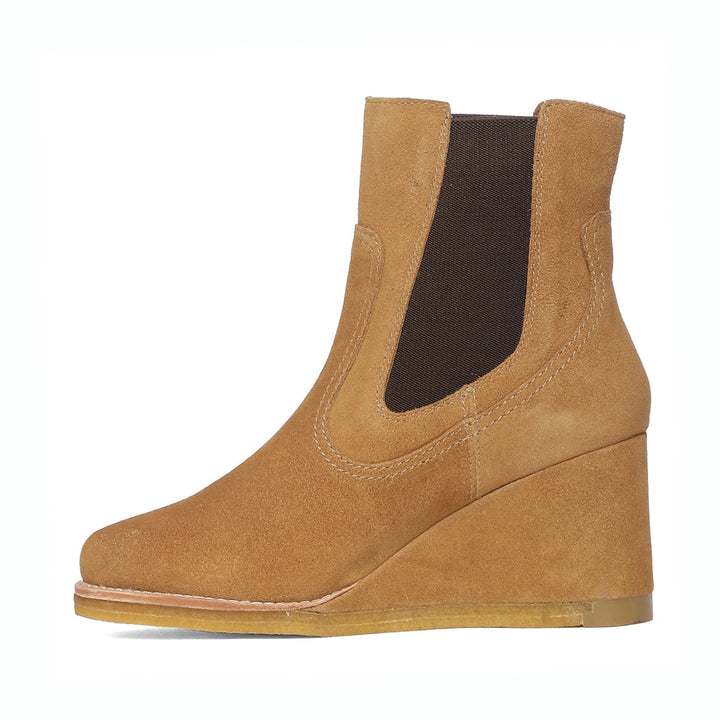 Tesora Tan Suede Leather Mid Heel Wedge Boots.