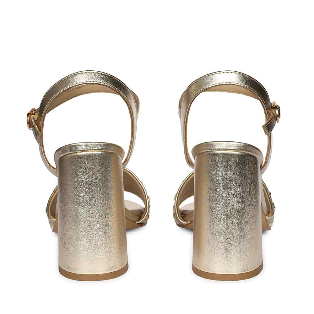 Saint Auric Gold Leather Rafia Stud Block Heels