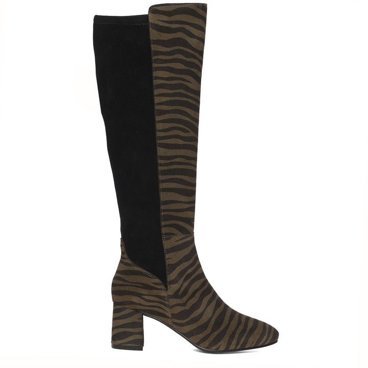 Saint Elexis Olive Leo Print Leather Knee High Boots