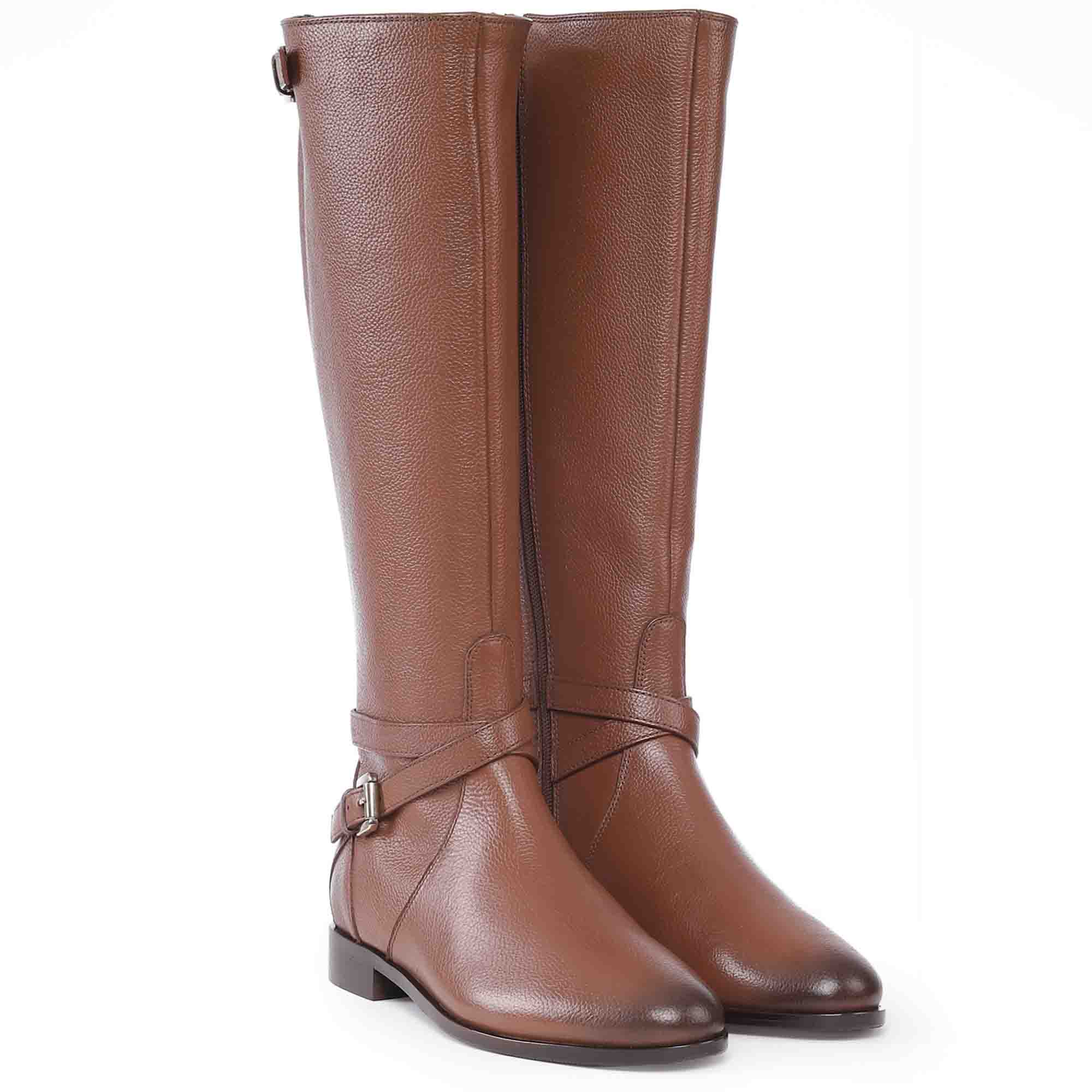 【COLOR iN ID】belt detail long boots Saint Cara Tan Leather Buckle Detail Long Boots – SaintG USA