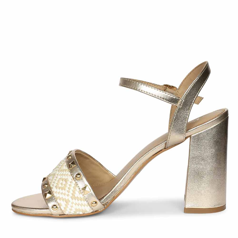 Saint Auric Gold Leather Rafia Stud Block Heels