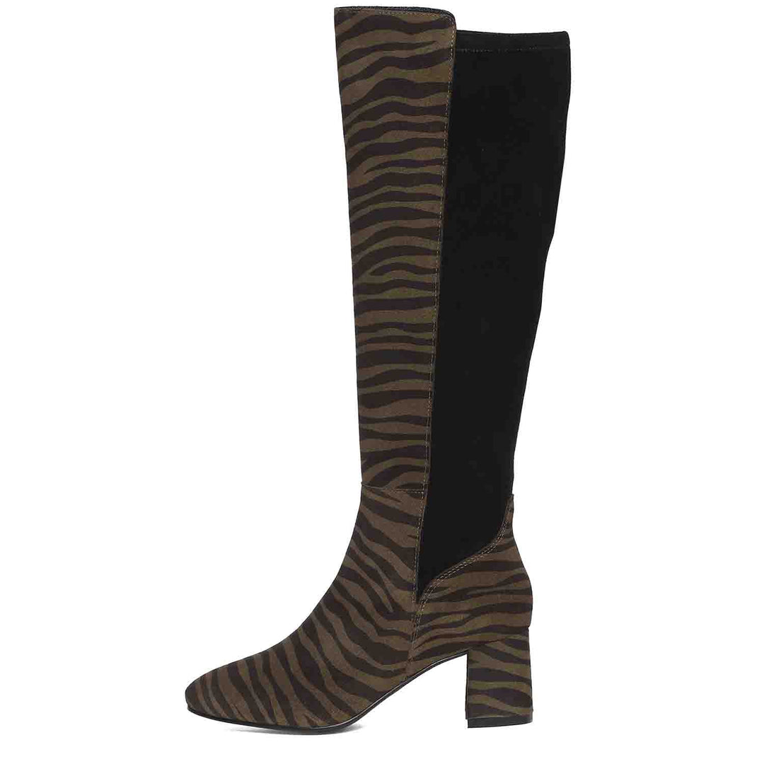 Saint Elexis Olive Leo Print Leather Knee High Boots