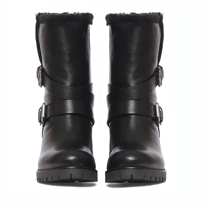 Saint Theresa High Ankle Black Leather Boots with Decorative Buckle – Stylish and chic footwear for a bold and confident look