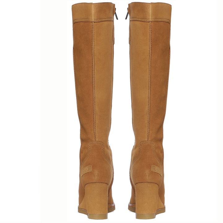 Chic Saint Carina Camel Suede Leather Knee High Wedge Heel Boots – Elevate your style with these fashionable knee-high boots in luxe camel suede