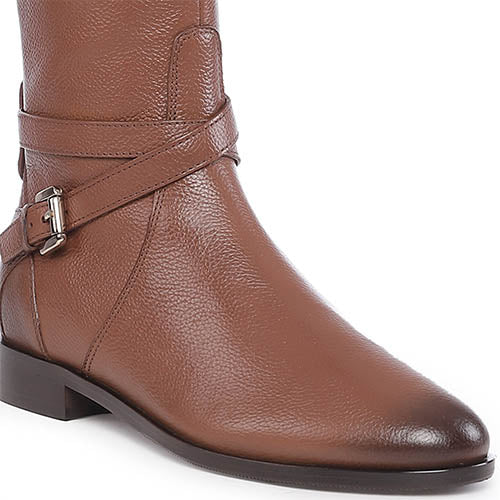 Saint Cara Tan Leather Buckle Detail Long Boots - SaintG