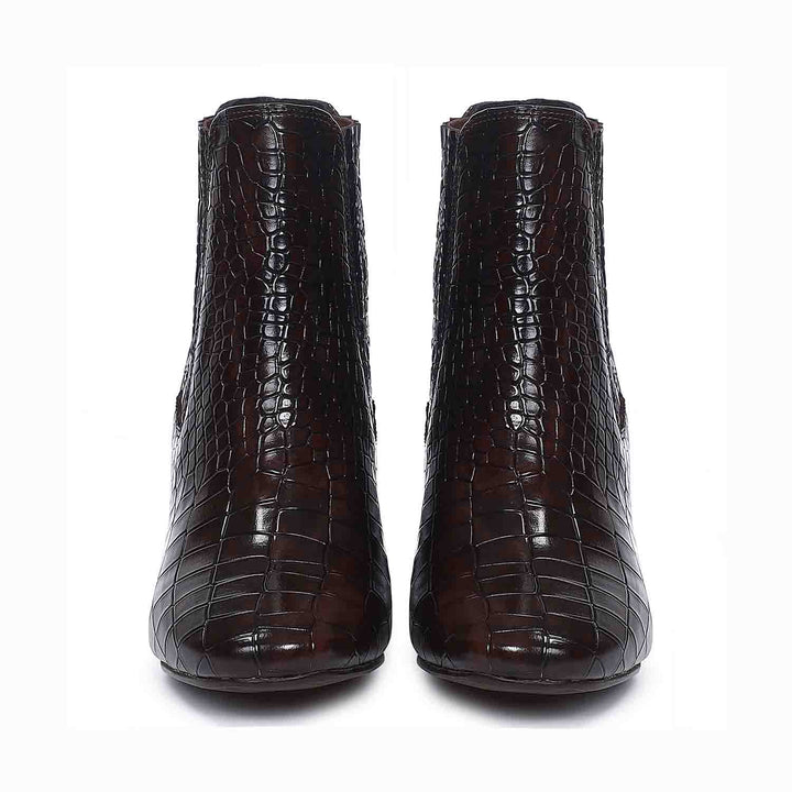 Saint Milana Brown Croco Embossed Vegan Leather Ankle Boots - SaintG India