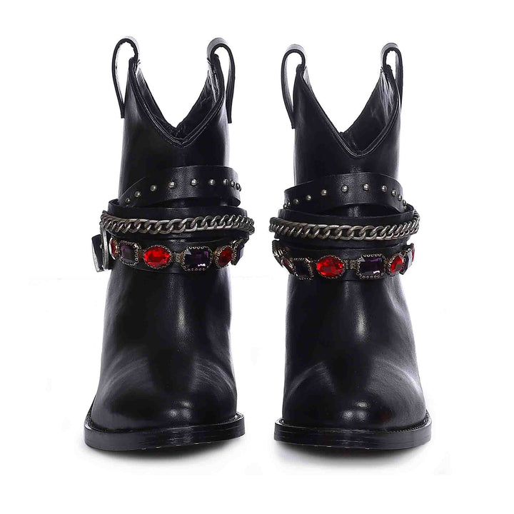 Saint Louanne Black Leather Rhinestone Studded Décor Boots