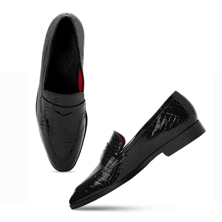 Saint Lucas Croco Embossed Black Leather Moccasins