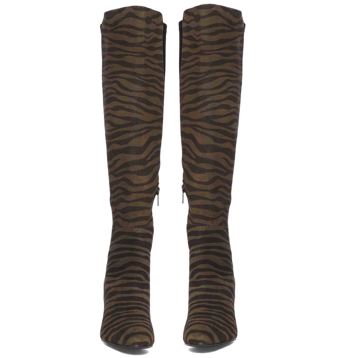 Saint Elexis Olive Leo Print Leather Knee High Boots