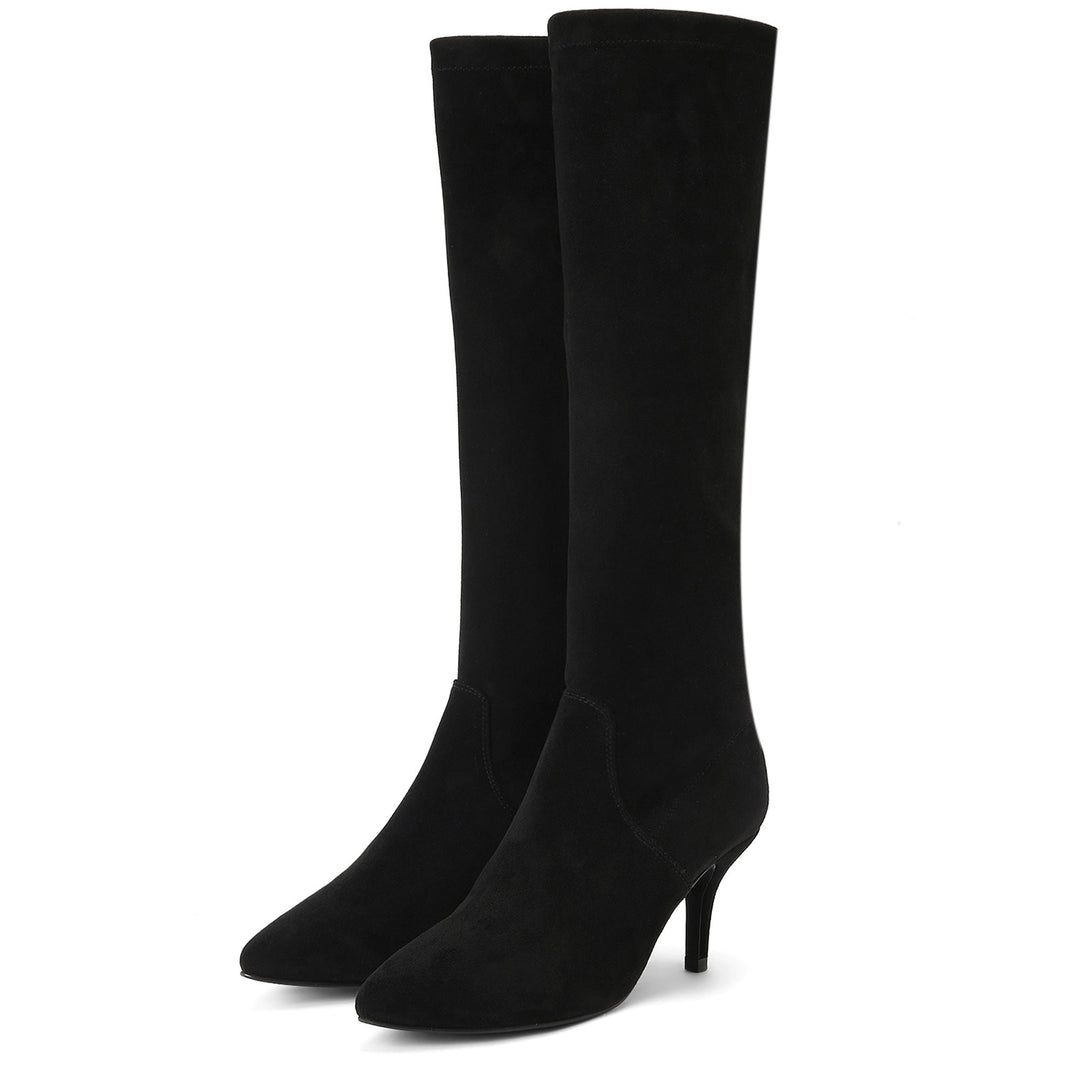Saint Jemima Black Stretch Suede Kitten Heel Knee High Boots - SaintG US