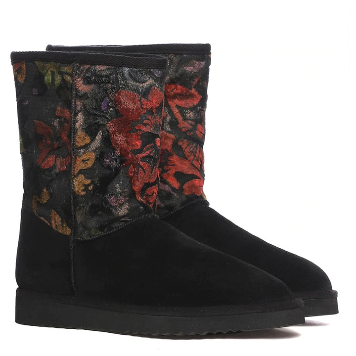 Saint Emmy Velvet Floral Black Suede Leather Snug Boots