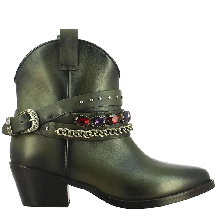 Saint Louanne Olive Leather Rhinestone Studded Décor Boots