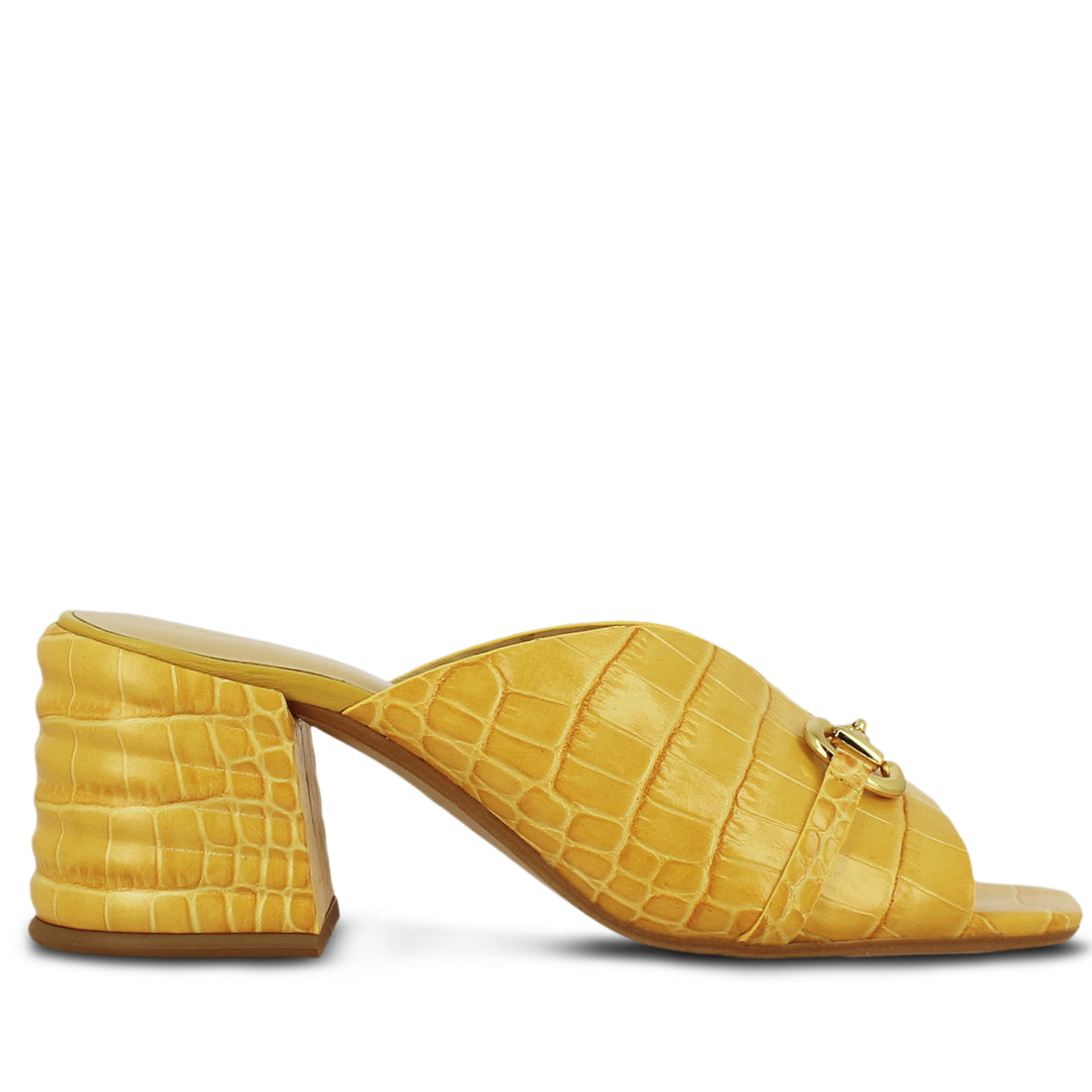 Brianna Yellow Croc Embossed Leather Block Heel Mules