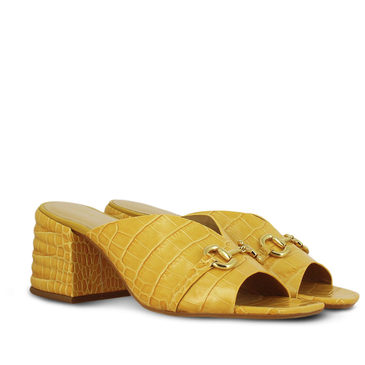 Brianna Yellow Croc Embossed Leather Block Heel Mules