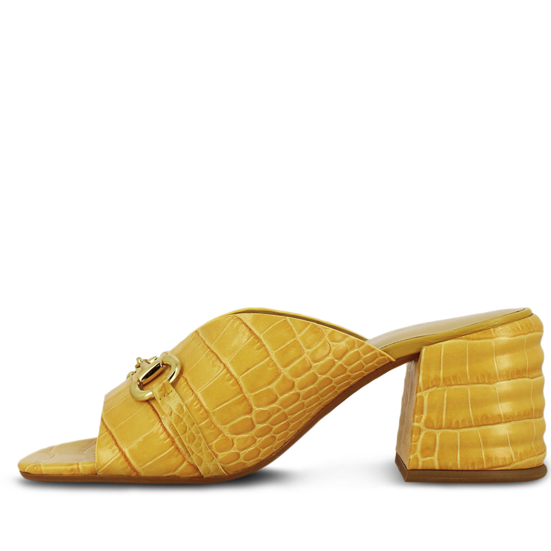 Brianna Yellow Croc Embossed Leather Block Heel Mules