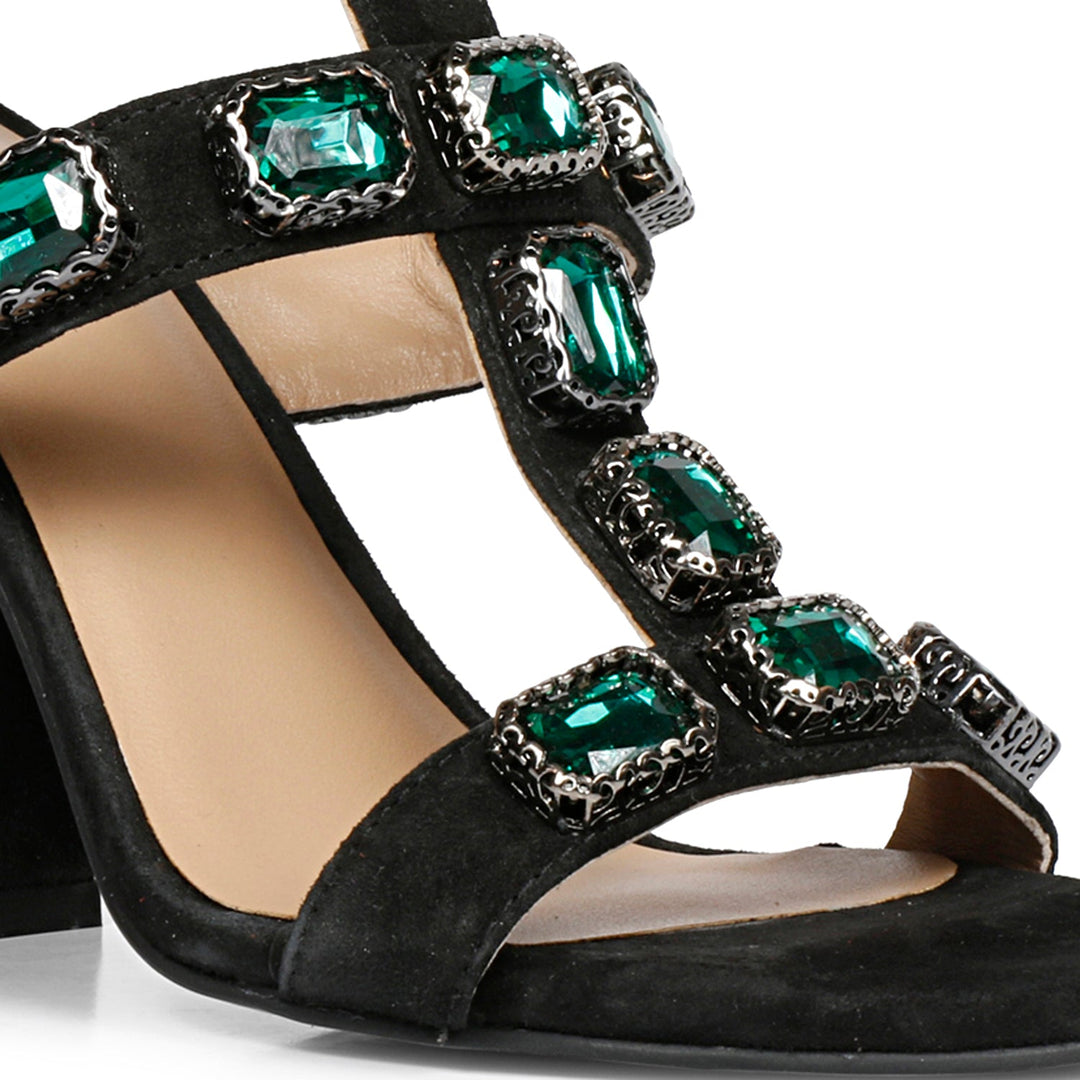 Saint Shirley Green Stone Embellished Black Leather Block Heels